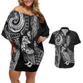 Aotearoa Moko Tribal Tattoo Couples Matching Off Shoulder Short Dress and Hawaiian Shirt New Zealand Maori Penguin and Fantail Black Color
