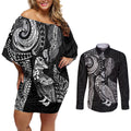 Aotearoa Moko Tribal Tattoo Couples Matching Off Shoulder Short Dress and Long Sleeve Button Shirt New Zealand Maori Penguin and Fantail Black Color