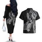 Aotearoa Moko Tribal Tattoo Couples Matching Off The Shoulder Long Sleeve Dress and Hawaiian Shirt New Zealand Maori Penguin and Fantail Black Color