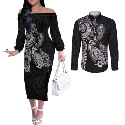 Aotearoa Moko Tribal Tattoo Couples Matching Off The Shoulder Long Sleeve Dress and Long Sleeve Button Shirt New Zealand Maori Penguin and Fantail Black Color