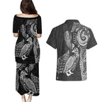 Aotearoa Moko Tribal Tattoo Couples Matching Puletasi and Hawaiian Shirt New Zealand Maori Penguin and Fantail Black Color