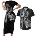 Aotearoa Moko Tribal Tattoo Couples Matching Short Sleeve Bodycon Dress and Hawaiian Shirt New Zealand Maori Penguin and Fantail Black Color