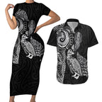Aotearoa Moko Tribal Tattoo Couples Matching Short Sleeve Bodycon Dress and Hawaiian Shirt New Zealand Maori Penguin and Fantail Black Color