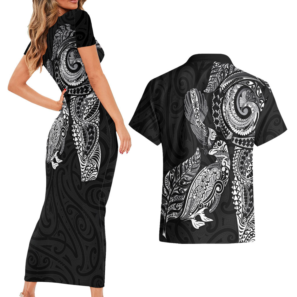 Aotearoa Moko Tribal Tattoo Couples Matching Short Sleeve Bodycon Dress and Hawaiian Shirt New Zealand Maori Penguin and Fantail Black Color