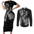Aotearoa Moko Tribal Tattoo Couples Matching Short Sleeve Bodycon Dress and Long Sleeve Button Shirt New Zealand Maori Penguin and Fantail Black Color