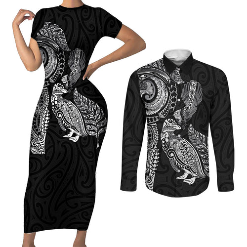 Aotearoa Moko Tribal Tattoo Couples Matching Short Sleeve Bodycon Dress and Long Sleeve Button Shirt New Zealand Maori Penguin and Fantail Black Color