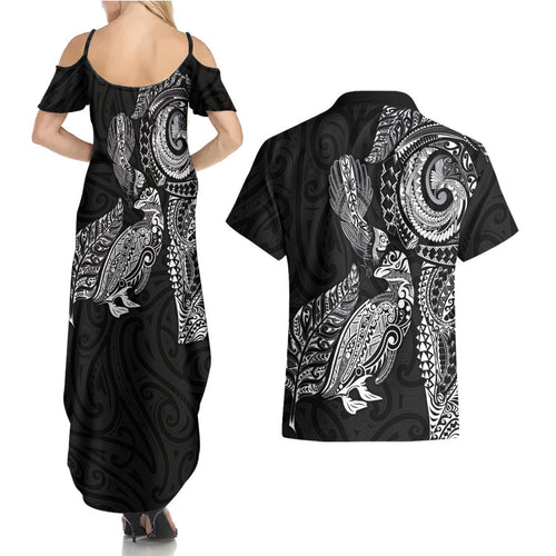 Aotearoa Moko Tribal Tattoo Couples Matching Summer Maxi Dress and Hawaiian Shirt New Zealand Maori Penguin and Fantail Black Color