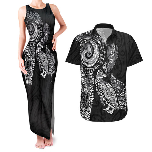 Aotearoa Moko Tribal Tattoo Couples Matching Tank Maxi Dress and Hawaiian Shirt New Zealand Maori Penguin and Fantail Black Color