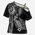 Aotearoa Moko Tribal Tattoo Cross Shoulder Shirt New Zealand Maori Penguin and Fantail Black Color