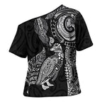 Aotearoa Moko Tribal Tattoo Cross Shoulder Shirt New Zealand Maori Penguin and Fantail Black Color