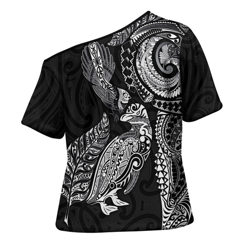 Aotearoa Moko Tribal Tattoo Cross Shoulder Shirt New Zealand Maori Penguin and Fantail Black Color
