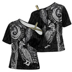 Aotearoa Moko Tribal Tattoo Cross Shoulder Shirt New Zealand Maori Penguin and Fantail Black Color