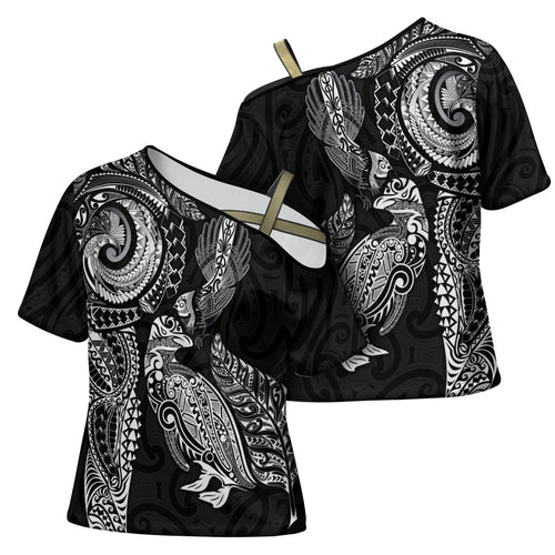 Aotearoa Moko Tribal Tattoo Cross Shoulder Shirt New Zealand Maori Penguin and Fantail Black Color