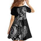 Aotearoa Moko Tribal Tattoo Family Matching Long Sleeve Bodycon Dress and Hawaiian Shirt New Zealand Maori Penguin and Fantail Black Color