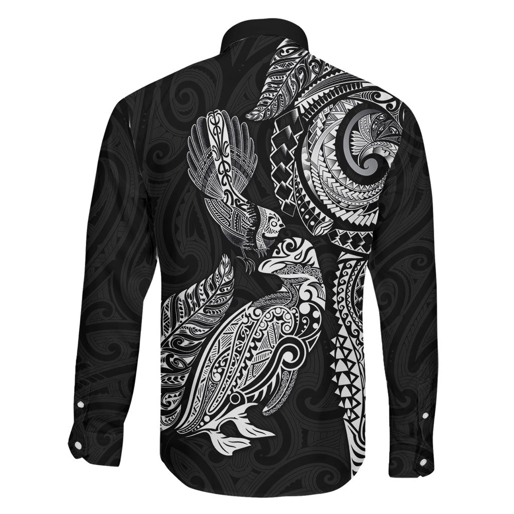 Aotearoa Moko Tribal Tattoo Family Matching Long Sleeve Bodycon Dress and Hawaiian Shirt New Zealand Maori Penguin and Fantail Black Color