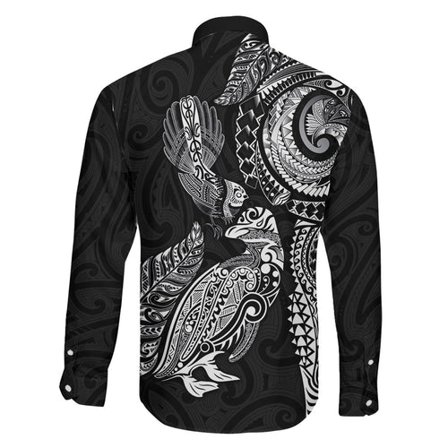 Aotearoa Moko Tribal Tattoo Family Matching Long Sleeve Bodycon Dress and Hawaiian Shirt New Zealand Maori Penguin and Fantail Black Color