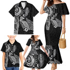 Aotearoa Moko Tribal Tattoo Family Matching Mermaid Dress and Hawaiian Shirt New Zealand Maori Penguin and Fantail Black Color