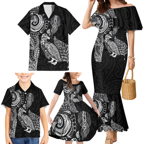 Aotearoa Moko Tribal Tattoo Family Matching Mermaid Dress and Hawaiian Shirt New Zealand Maori Penguin and Fantail Black Color