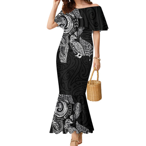 Aotearoa Moko Tribal Tattoo Family Matching Mermaid Dress and Hawaiian Shirt New Zealand Maori Penguin and Fantail Black Color