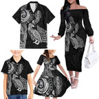 Aotearoa Moko Tribal Tattoo Family Matching Off The Shoulder Long Sleeve Dress and Hawaiian Shirt New Zealand Maori Penguin and Fantail Black Color