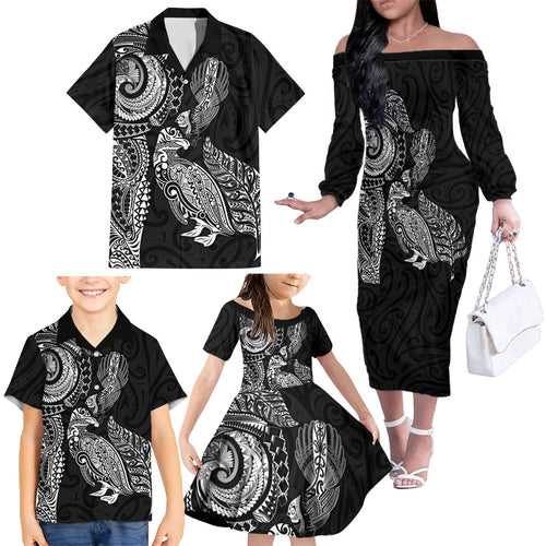 Aotearoa Moko Tribal Tattoo Family Matching Off The Shoulder Long Sleeve Dress and Hawaiian Shirt New Zealand Maori Penguin and Fantail Black Color