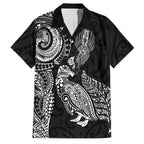 Aotearoa Moko Tribal Tattoo Family Matching Off The Shoulder Long Sleeve Dress and Hawaiian Shirt New Zealand Maori Penguin and Fantail Black Color