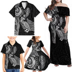 Aotearoa Moko Tribal Tattoo Family Matching Off Shoulder Maxi Dress and Hawaiian Shirt New Zealand Maori Penguin and Fantail Black Color