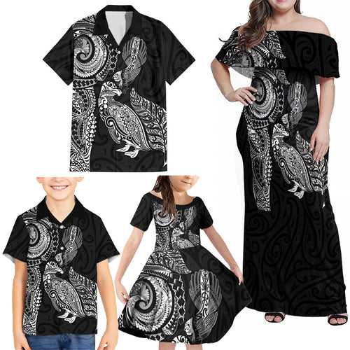 Aotearoa Moko Tribal Tattoo Family Matching Off Shoulder Maxi Dress and Hawaiian Shirt New Zealand Maori Penguin and Fantail Black Color