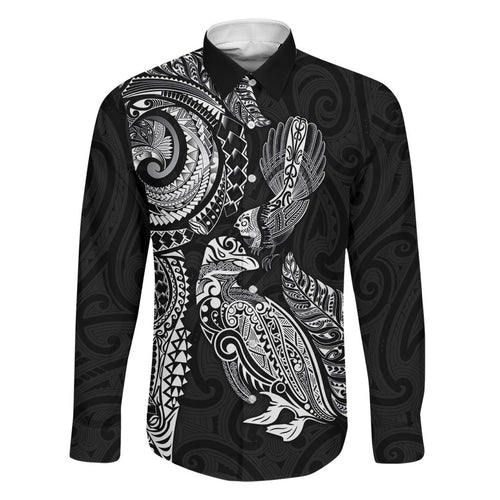 Aotearoa Moko Tribal Tattoo Family Matching Off Shoulder Maxi Dress and Hawaiian Shirt New Zealand Maori Penguin and Fantail Black Color