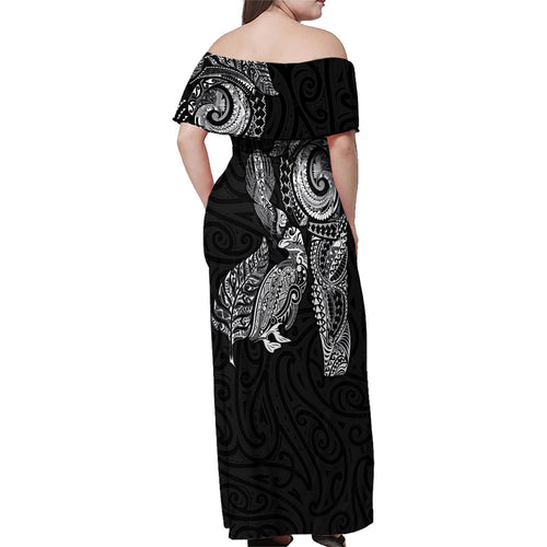 Aotearoa Moko Tribal Tattoo Family Matching Off Shoulder Maxi Dress and Hawaiian Shirt New Zealand Maori Penguin and Fantail Black Color