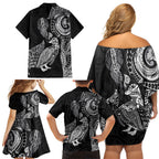 Aotearoa Moko Tribal Tattoo Family Matching Off Shoulder Short Dress and Hawaiian Shirt New Zealand Maori Penguin and Fantail Black Color