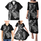 Aotearoa Moko Tribal Tattoo Family Matching Puletasi and Hawaiian Shirt New Zealand Maori Penguin and Fantail Black Color