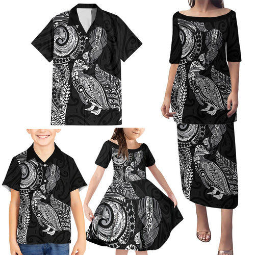 Aotearoa Moko Tribal Tattoo Family Matching Puletasi and Hawaiian Shirt New Zealand Maori Penguin and Fantail Black Color