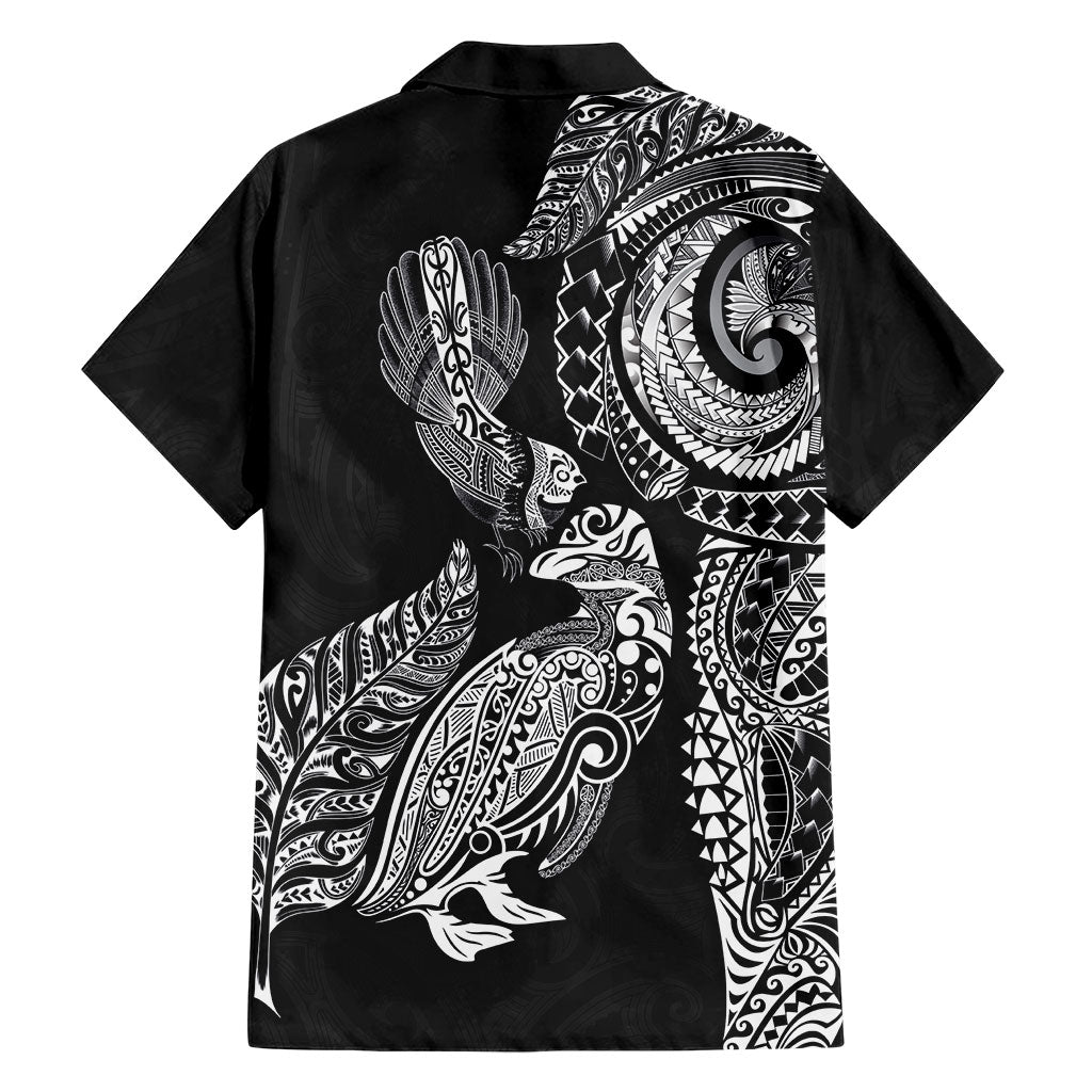 Aotearoa Moko Tribal Tattoo Family Matching Puletasi and Hawaiian Shirt New Zealand Maori Penguin and Fantail Black Color