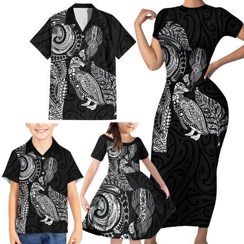 Aotearoa Moko Tribal Tattoo Family Matching Short Sleeve Bodycon Dress and Hawaiian Shirt New Zealand Maori Penguin and Fantail Black Color