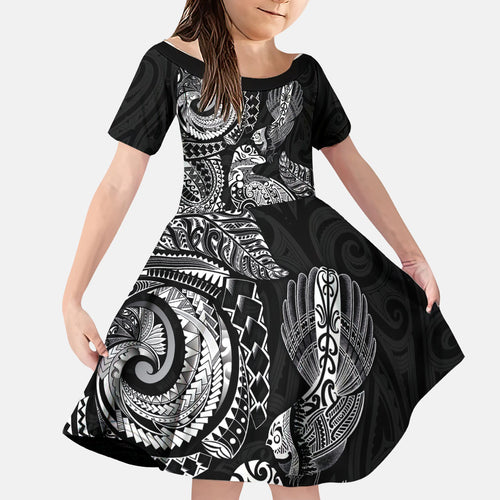Aotearoa Moko Tribal Tattoo Family Matching Short Sleeve Bodycon Dress and Hawaiian Shirt New Zealand Maori Penguin and Fantail Black Color