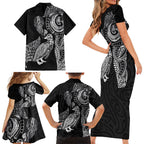Aotearoa Moko Tribal Tattoo Family Matching Short Sleeve Bodycon Dress and Hawaiian Shirt New Zealand Maori Penguin and Fantail Black Color