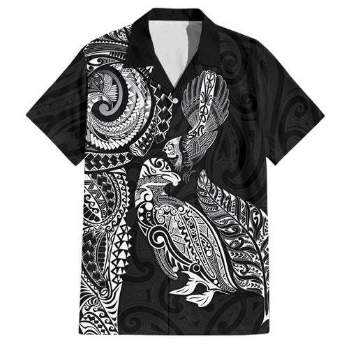 Aotearoa Moko Tribal Tattoo Family Matching Short Sleeve Bodycon Dress and Hawaiian Shirt New Zealand Maori Penguin and Fantail Black Color