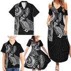 Aotearoa Moko Tribal Tattoo Family Matching Summer Maxi Dress and Hawaiian Shirt New Zealand Maori Penguin and Fantail Black Color