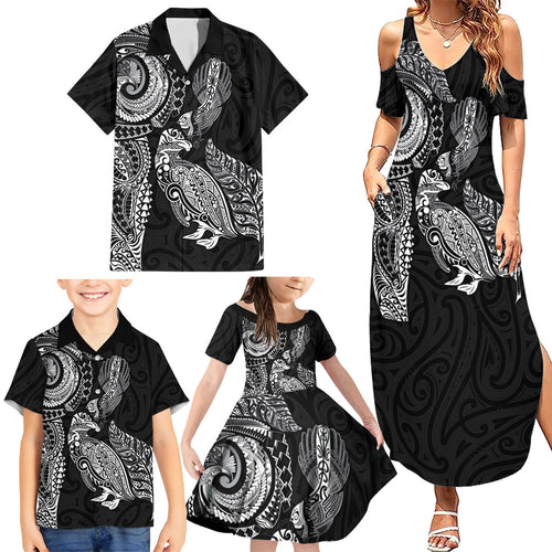 Aotearoa Moko Tribal Tattoo Family Matching Summer Maxi Dress and Hawaiian Shirt New Zealand Maori Penguin and Fantail Black Color