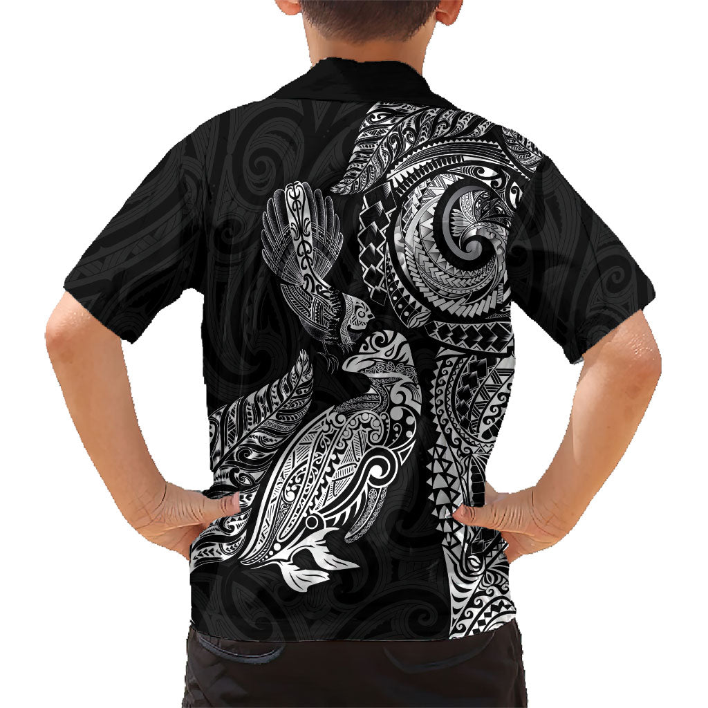 Aotearoa Moko Tribal Tattoo Family Matching Summer Maxi Dress and Hawaiian Shirt New Zealand Maori Penguin and Fantail Black Color