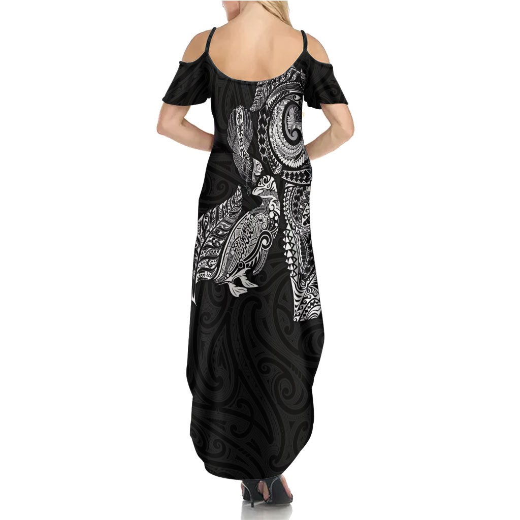Aotearoa Moko Tribal Tattoo Family Matching Summer Maxi Dress and Hawaiian Shirt New Zealand Maori Penguin and Fantail Black Color