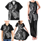 Aotearoa Moko Tribal Tattoo Family Matching Tank Maxi Dress and Hawaiian Shirt New Zealand Maori Penguin and Fantail Black Color