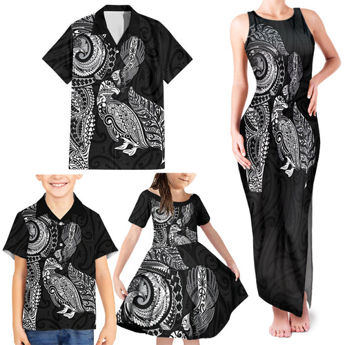 Aotearoa Moko Tribal Tattoo Family Matching Tank Maxi Dress and Hawaiian Shirt New Zealand Maori Penguin and Fantail Black Color