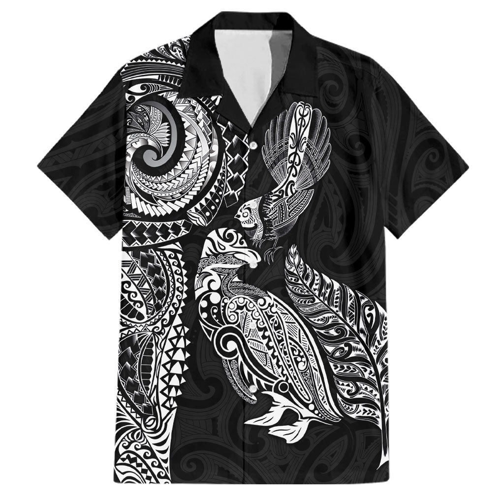 Aotearoa Moko Tribal Tattoo Family Matching Tank Maxi Dress and Hawaiian Shirt New Zealand Maori Penguin and Fantail Black Color