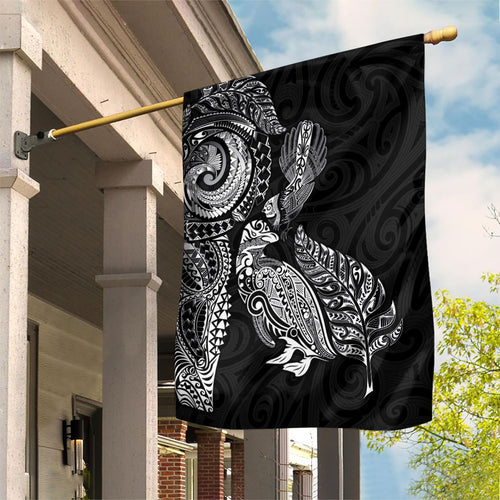 Aotearoa Moko Tribal Tattoo Garden Flag New Zealand Maori Penguin and Fantail Black Color