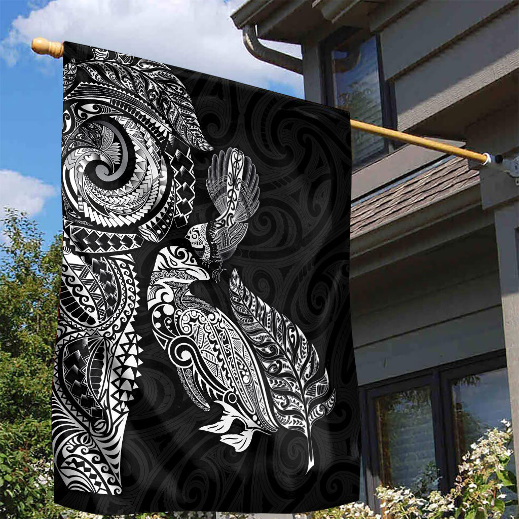 Aotearoa Moko Tribal Tattoo Garden Flag New Zealand Maori Penguin and Fantail Black Color