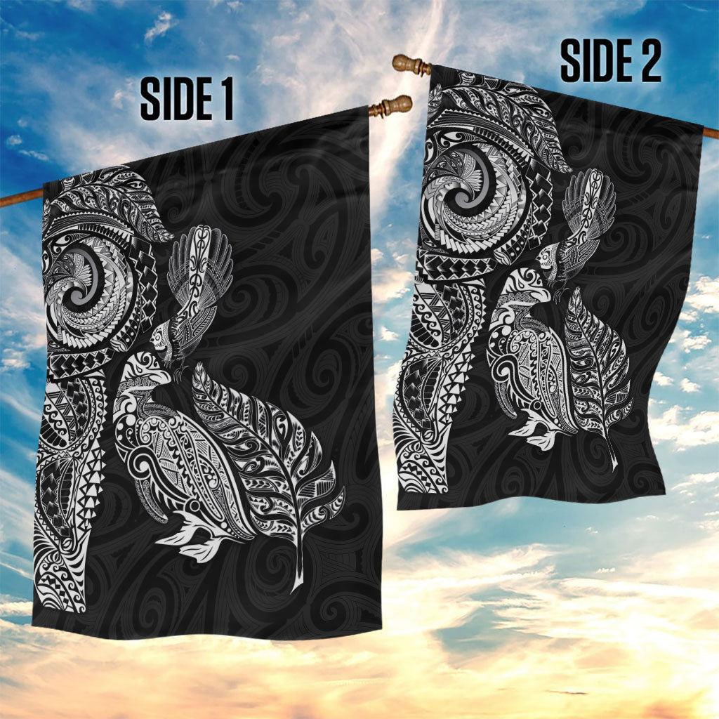 Aotearoa Moko Tribal Tattoo Garden Flag New Zealand Maori Penguin and Fantail Black Color