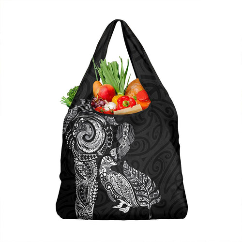 Aotearoa Moko Tribal Tattoo Grocery Bag New Zealand Maori Penguin and Fantail Black Color