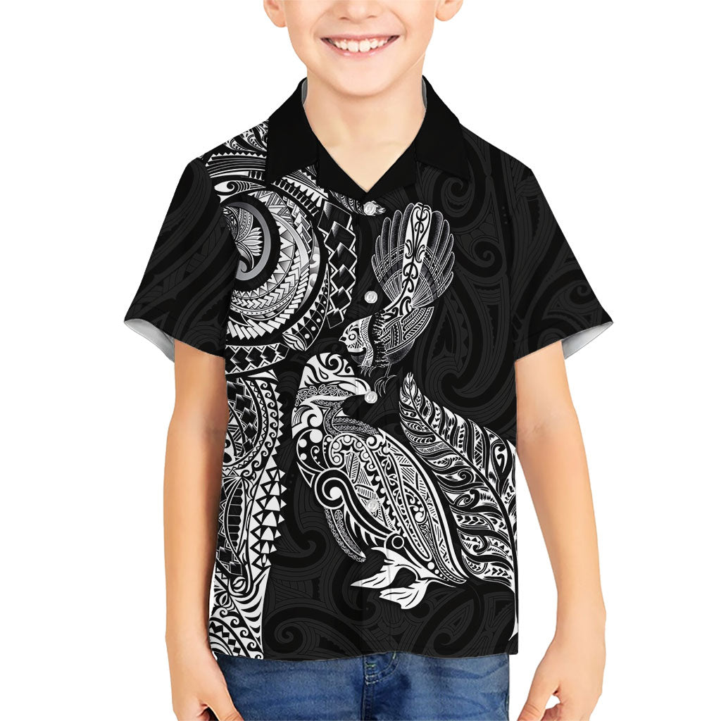 Aotearoa Moko Tribal Tattoo Hawaiian Shirt New Zealand Maori Penguin and Fantail Black Color
